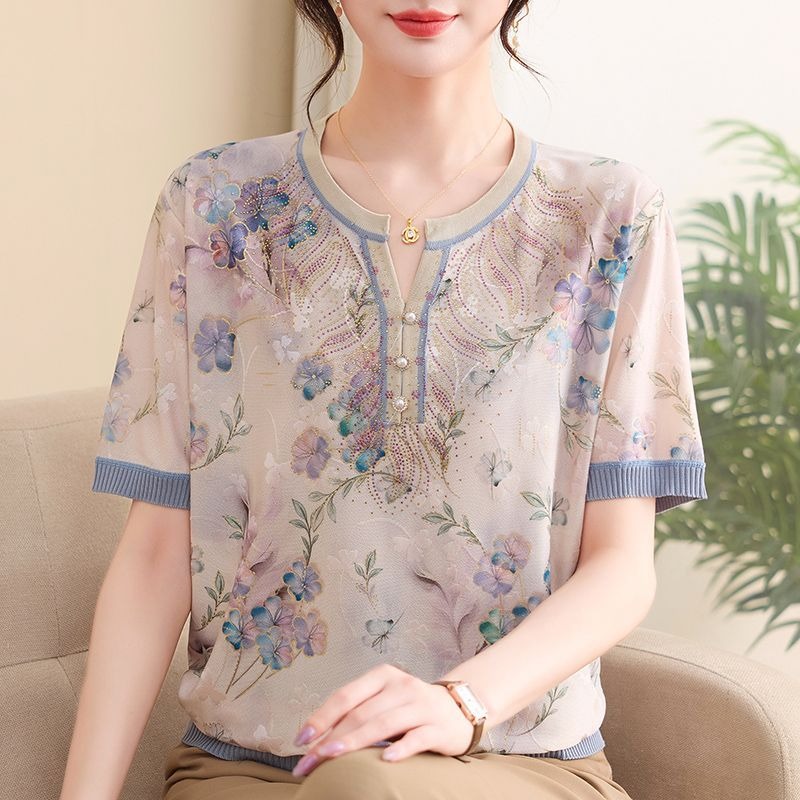 Romper Floral Print - Elegancka bluzka damska z lodowego jedwabiu,