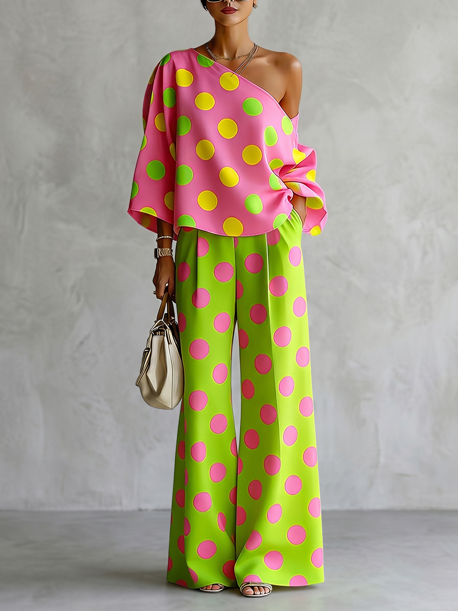 Blouse Off Shoulder - Missuoo Damski Zestaw w Kropki, Różowa