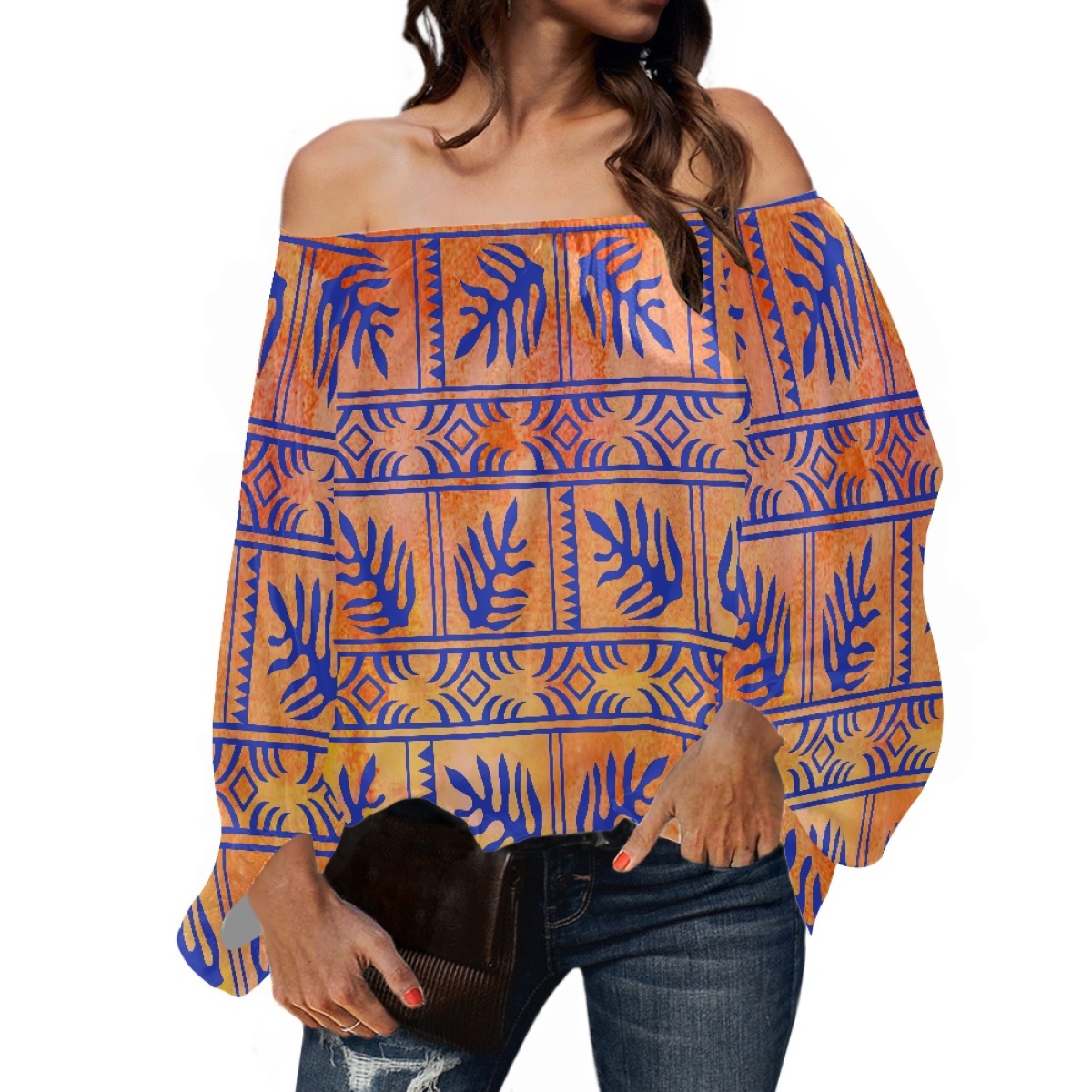 Blouse Off Shoulder - Polinezyjska odzież plemienna Samoański wzór Tapa
