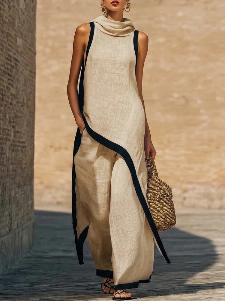 Linen Pant Wide - Damski lniany komplet: asymetryczny top bez